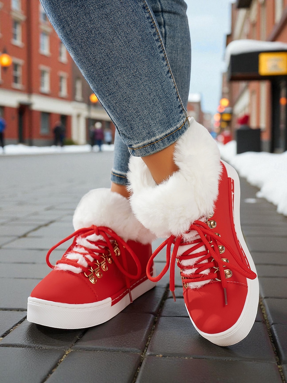 женские красные кеды из искусственного меха — тёплая зимняя обувь на шнуровке с мягкой подкладкой, повседневная рождественская обувь для отдыха на природе и уличного стиля 2026 - $42.99 –P1