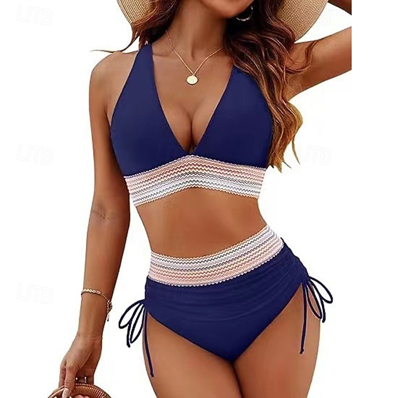 Dames Gerimpeld badpak Bikini-sets Zwemkleding Effen Zwemkleding Licht Blauw Zwart Ademend Mouwloos - Surfen Strand Zwemmen Zomer 2026 - $18.99 –P7