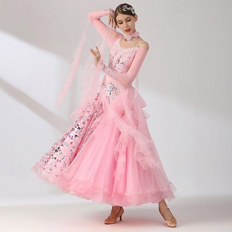 abito da ballo da sala da donna elegante rosa con paillettes e decorazioni floreali, spalle scoperte, abito da competizione per valzer, tango, rumba moderna del 2026 a $369.29 –P5