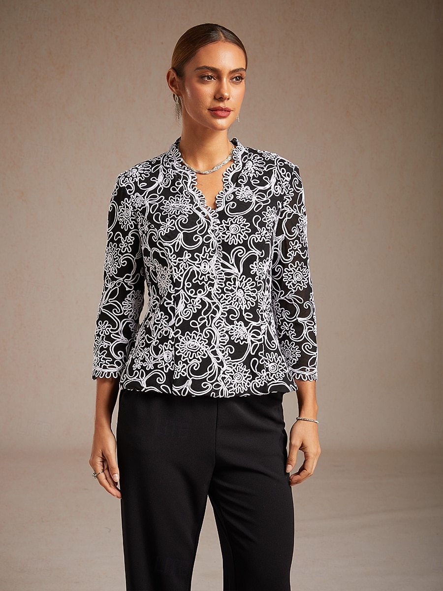 Damskie Eleganckie topy Haft Kwiaty W Tureckie Wzory Elegancja Rękaw 3/4 W serek Zwykłe topy Praca Wieczorna impreza Pół formalne Czarny Wiosna Jesień Zima 2026 - $129.99 –P5