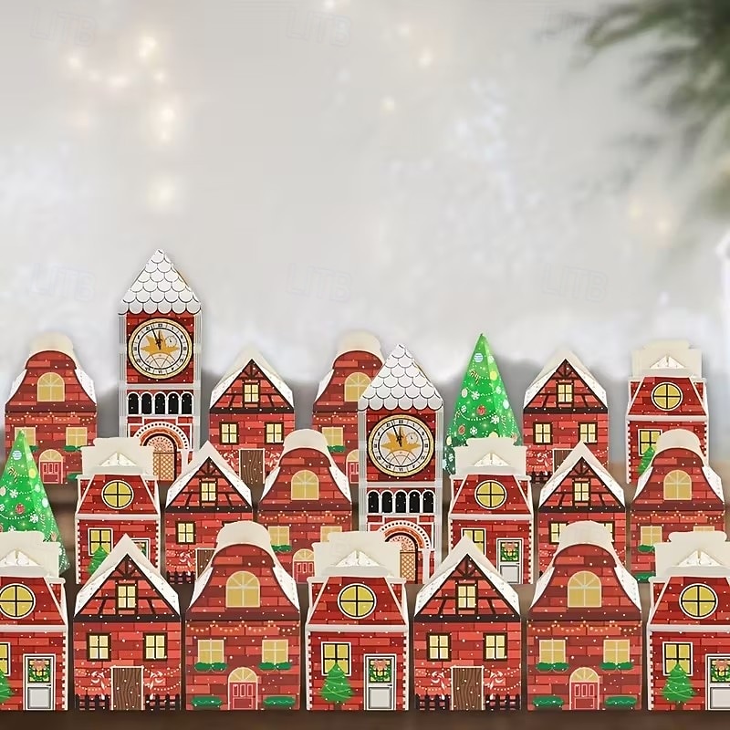 Caixa de calendário do advento de Natal com 24 peças - design de casinha de gengibre vermelha e branca com relógio dourado e cena de vila nevada, perfeita para presentes de festas de fim de ano e de 2025 por $22.99 –P2