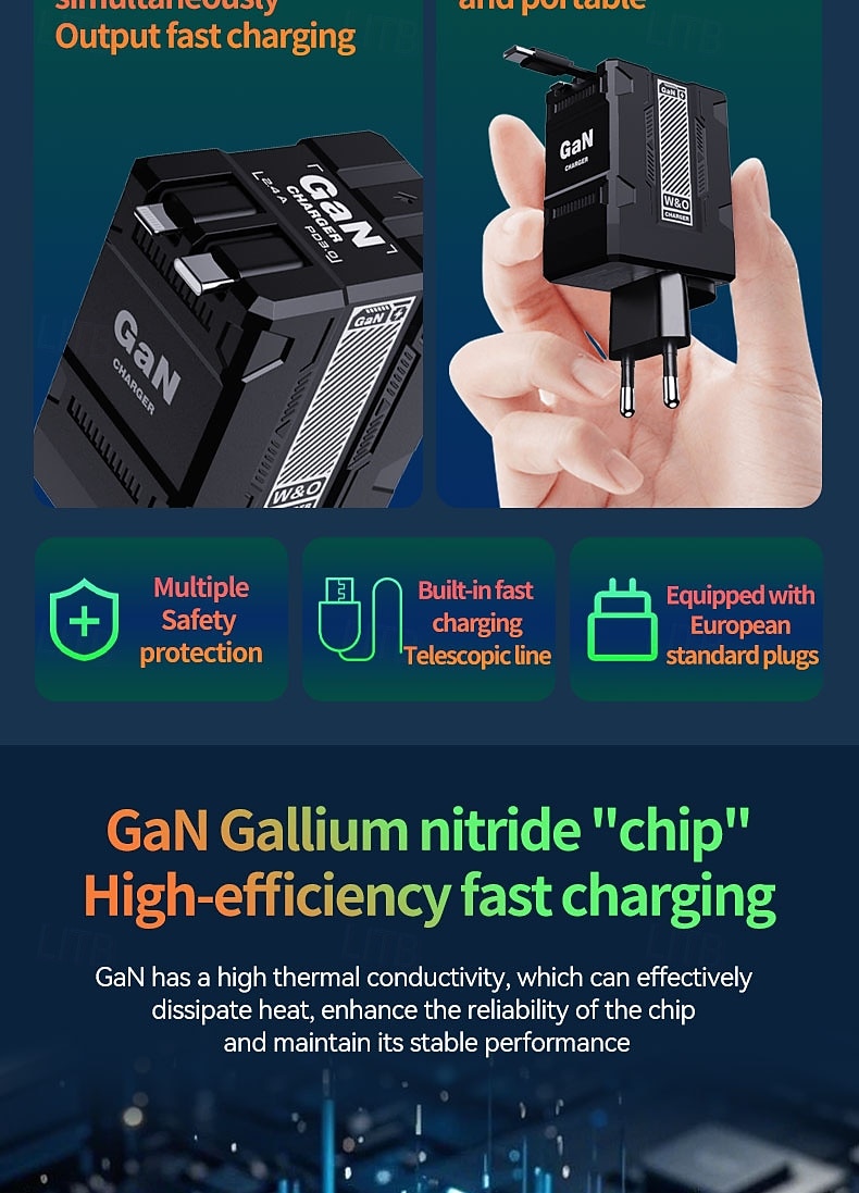 מטען אולטרה מהיר של גן 120 וואט PD3.0 סוג C תאורה כפולה יציאת O כבל נשלף טלפון נייד מחשב נייד טעינה מהירה 2025 - $21.99 –P3