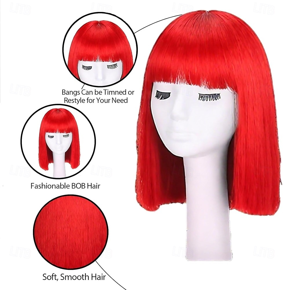 Carnavalpruik 2026 Roze Rood Blauw Recht Bob Kort Synthetische festivalpruik Mardi Gras Parade Cosplay Kostuum Haar voor Dames 2026 - $21.99 –P2
