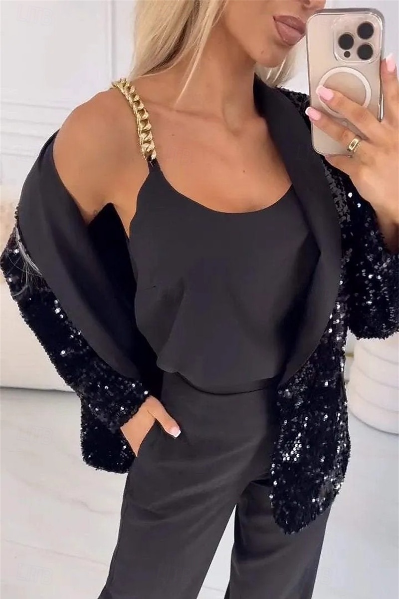 Damen Blazer Freizeitjacke Bequem Pailletten Mode Lässig Einfarbig Party Straße Alltagskleidung Ausgehen Regulär Gekerbtes Revers Normale Passform Langarm Oberbekleidung Blau Schwarz Rote Herbst 2026 - $35.99 –P4