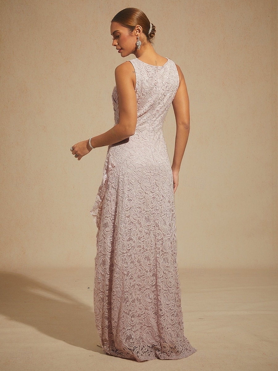 Robe longue fourreau élégante pour femme, idéale pour un mariage, une soirée ou une invitée. Coupe classique, ornée de sequins, de dentelle et de volants, fendue, unie, sans manches, col bateau, rose de 2025 ? $182.99 –P2