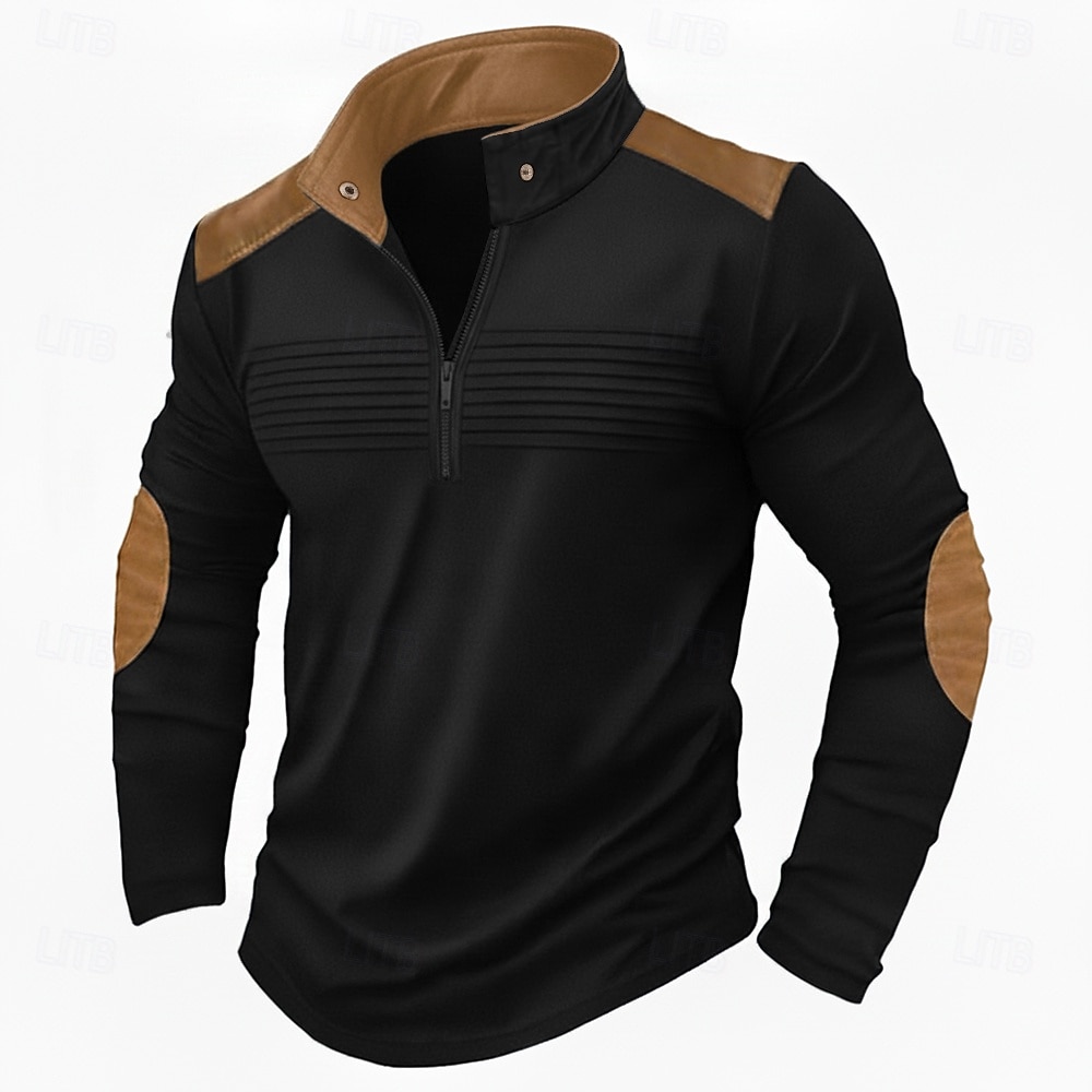 Hombre Camiseta superior Manga Larga Cuello Mao Primavera & Otoño Bloque de color Moda Design Básico Cerrar Plisado Vacaciones Calle Noche Azul Marino Camiseta superior para hombre 2026 - $24.99 –P4