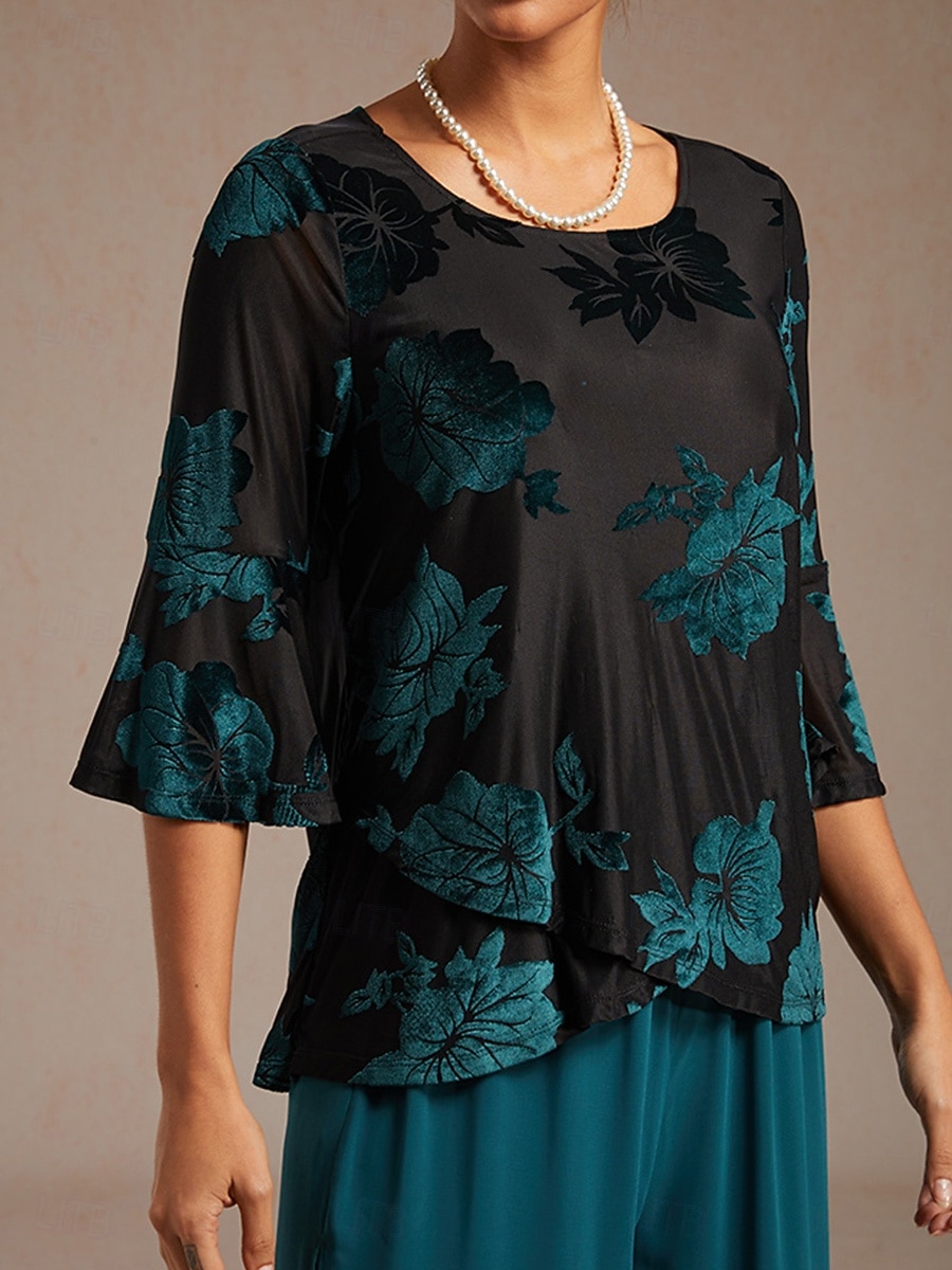 Bluze elegante din catifea pentru femei, cu mâneci fluturate, guler rotund, pentru invitați de nuntă, verde, pentru zi, primăvară, toamnă, iarnă, vară 2025 - $58.99 –P2