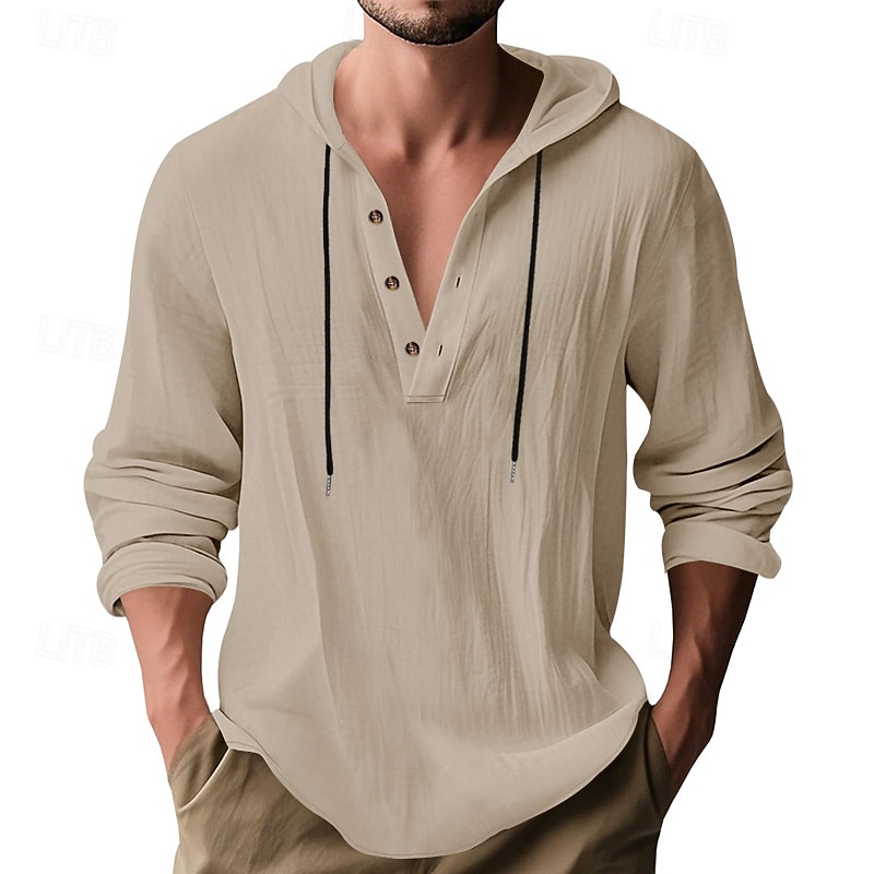 Men's Shirt Popover Shirt Summer Shirt Casual Shirt Beach Shirt Black White Yellow Navy Blue khaki Long Sleeve Solid Color Hooded Vacation Casual Drawstring Clothing Apparel Fashion Casual Comfortable 2026 - $28.99 –P23
