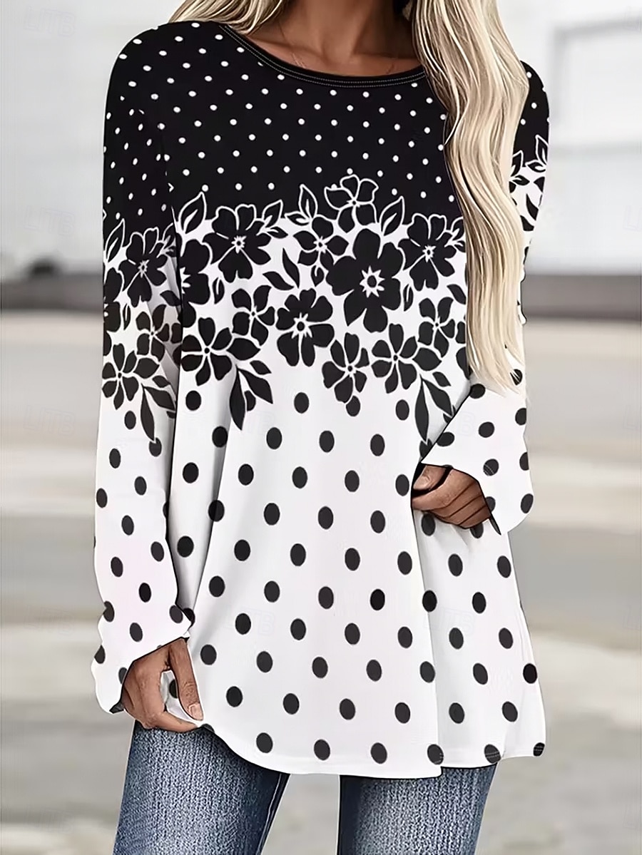 Mulheres Camiseta Imprimir Floral Gráfico Poá Vintage à moda Clássico Manga Longa Gola Redonda Decote Redondo Tops regulares Diário Branco / Preto Preto Branco Primavera Outono de 2026 por $26.99 –P2