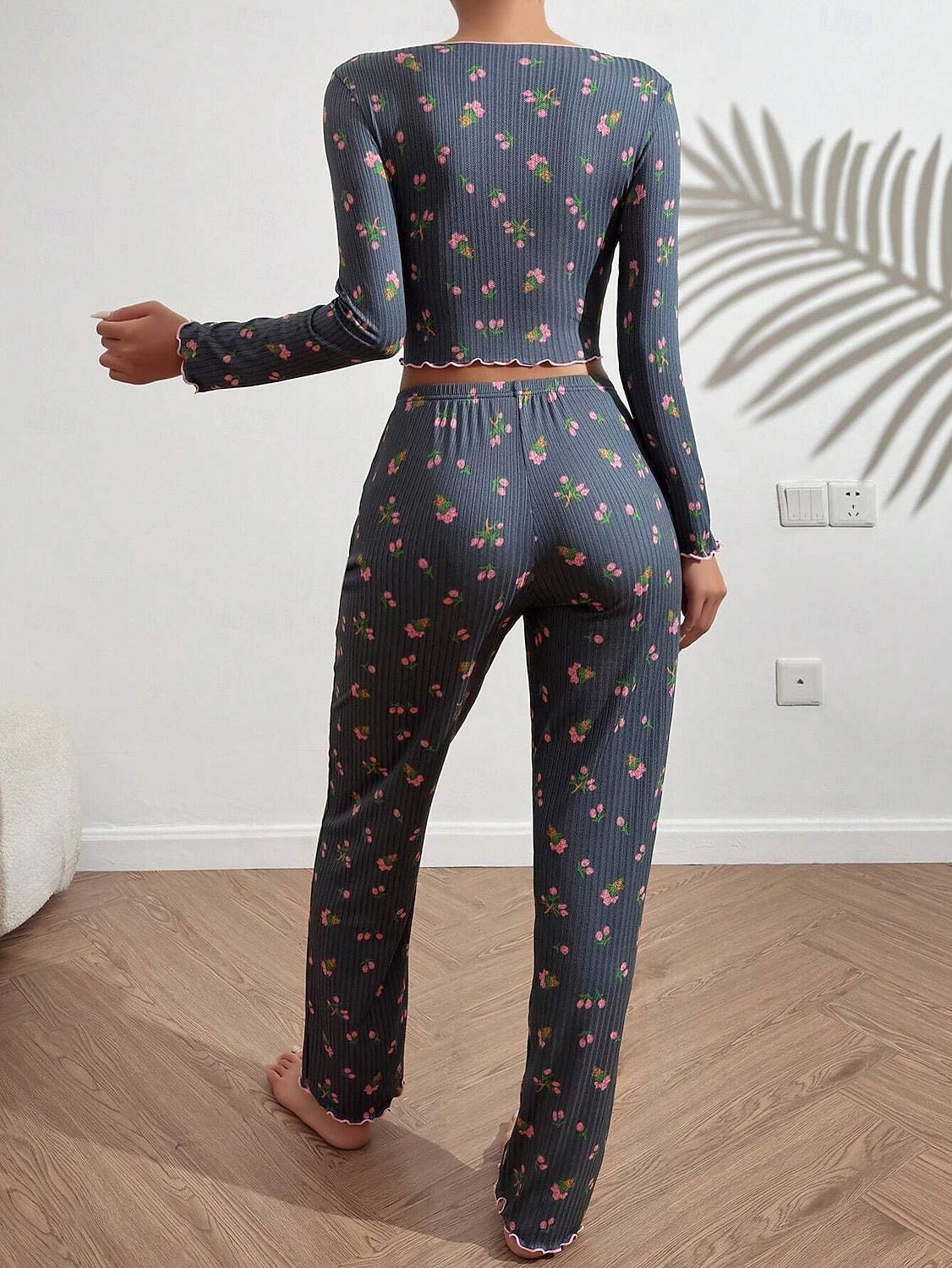 Damen Schlafanzug Set Lässig Komfort Blumen Elastischer Bund Hose Heim Täglich Langarm V Ausschnitt Blau Schwarz Weiß Rosa Frühling Herbst Normale Passform 2026 - $19.99 –P13