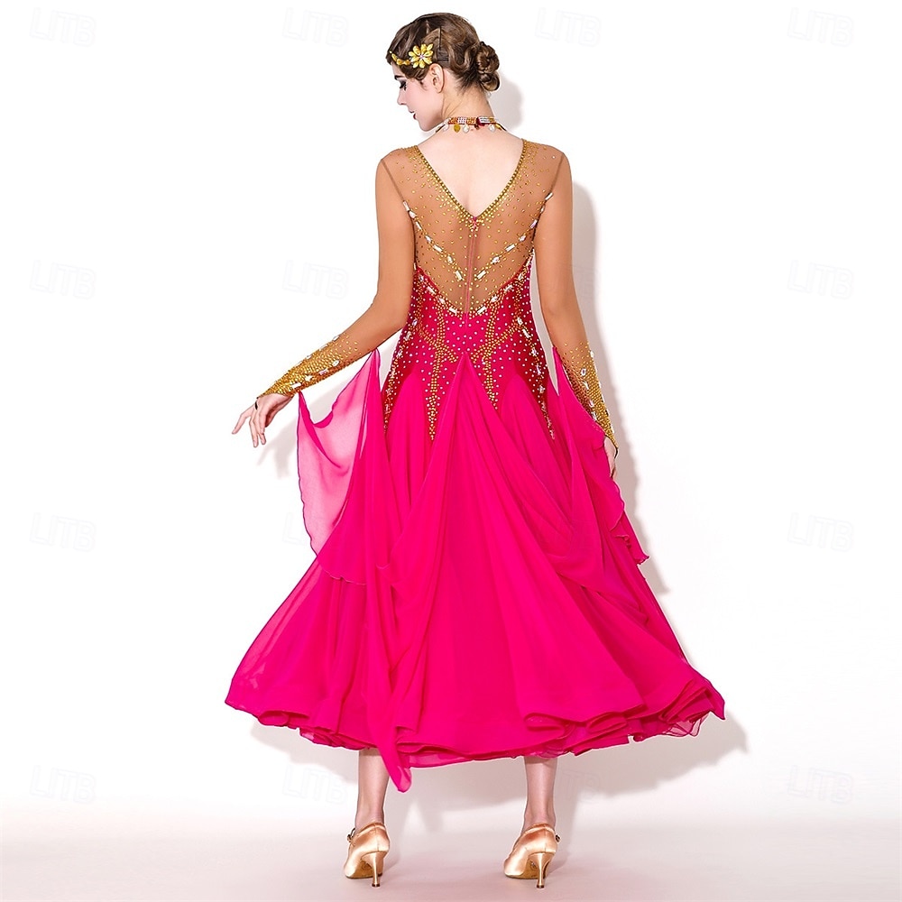 Women's Elegant Fuchsia & Gold Ballroom Dance Dress Rhinestone Embellished Waltz Tango Modern Rumba Competition Performance Gown 2026 - $529.99 –P3