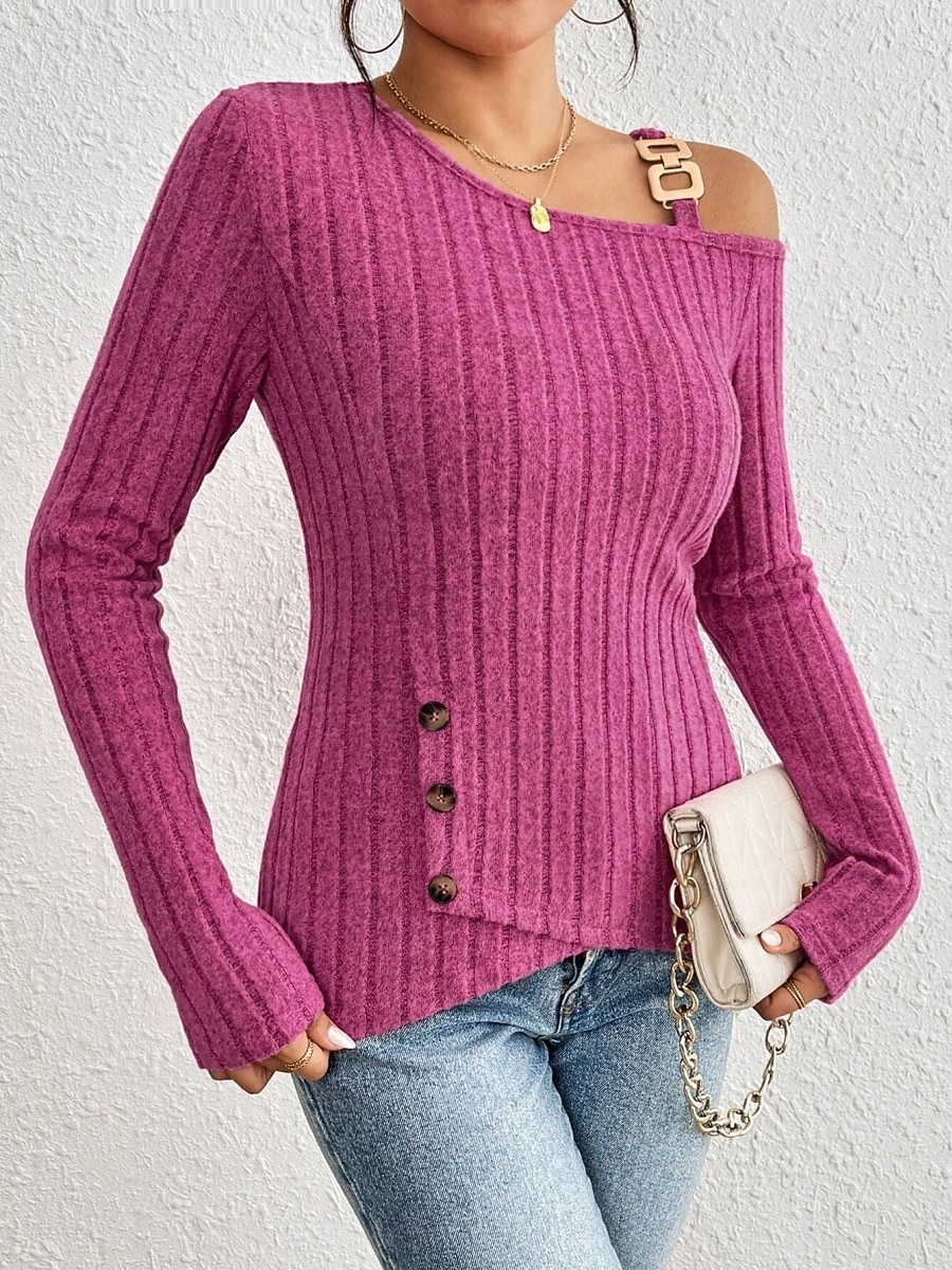 Women's Blouse Solid Color Stylish Casual Long Sleeve Asymmetrical Regular Tops Daily Patchwork Buttons Fuchsia Spring Fall Winter 2025 - $23.99 –P3