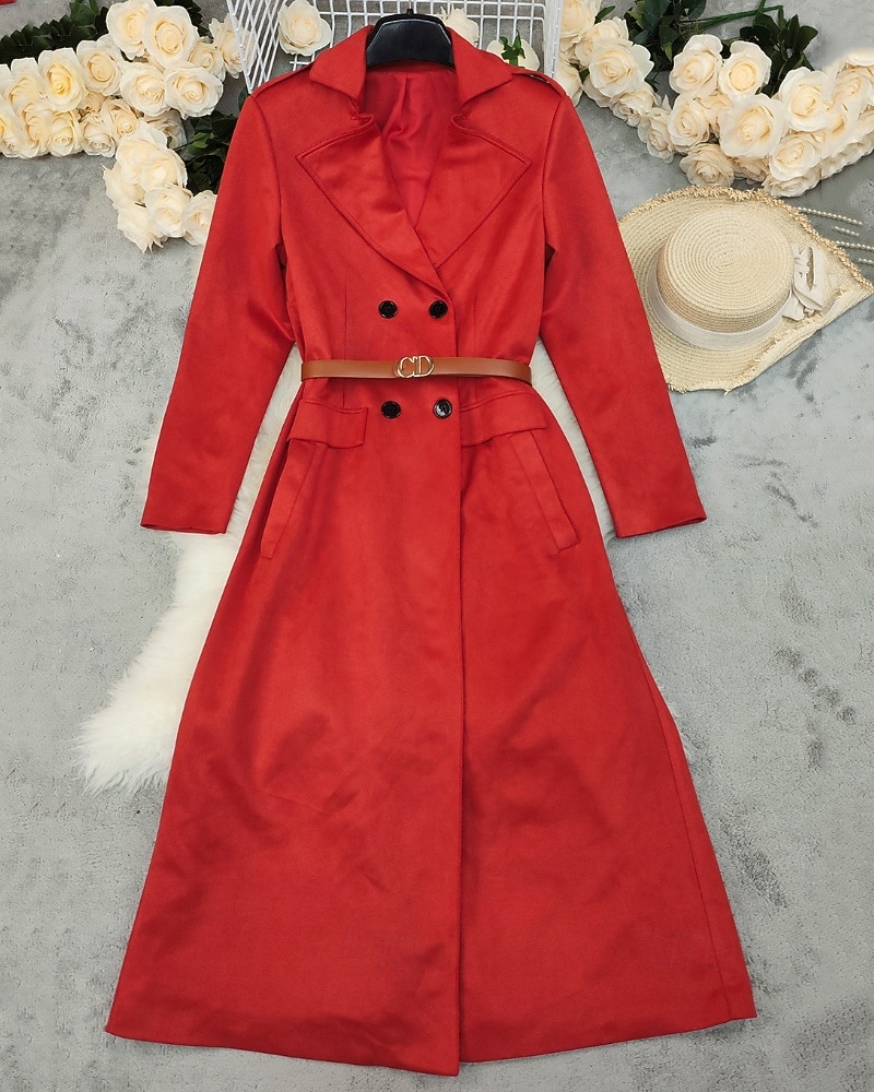 Damskie Płaszcz zimowy Płaszcz Zatrzymujący ciepło Wygodny Kieszeń Guziki Codzienny Równina Urlop Wyjściowe Weekend Długie Klapy wcięte Regularny Długi rękaw Odzież wierzchnia Czerwony Jesień Zima 2026 - $97.99 –P2