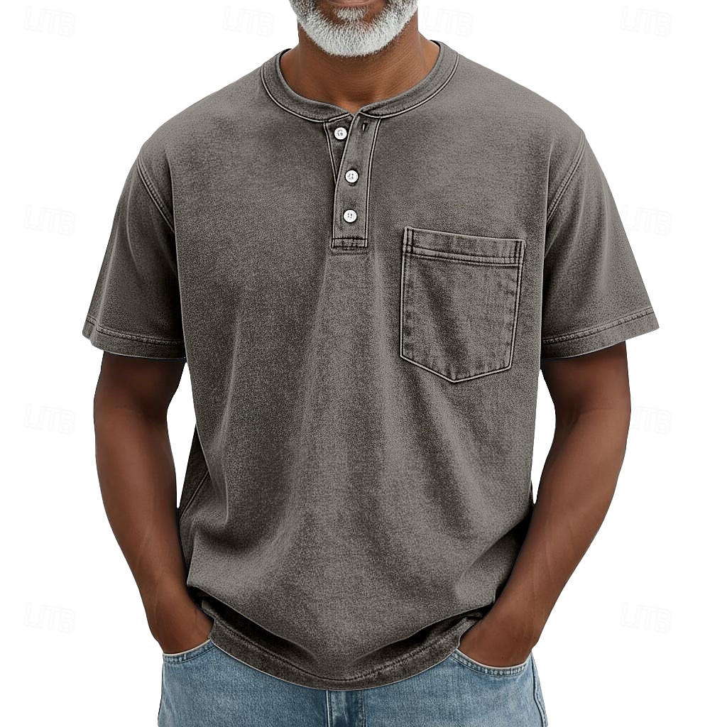 SoftFade™ Heren Henley Shirt 100% Katoen Acid Wash Shirt T shirt Tee Korte Mouw Retro Vintage Casual Button Up Zak Garment Dyed Zomer Lente Herfst Donkerbruin Zwart Roze Henley T-Shirt 2026 - $31.99 –P6