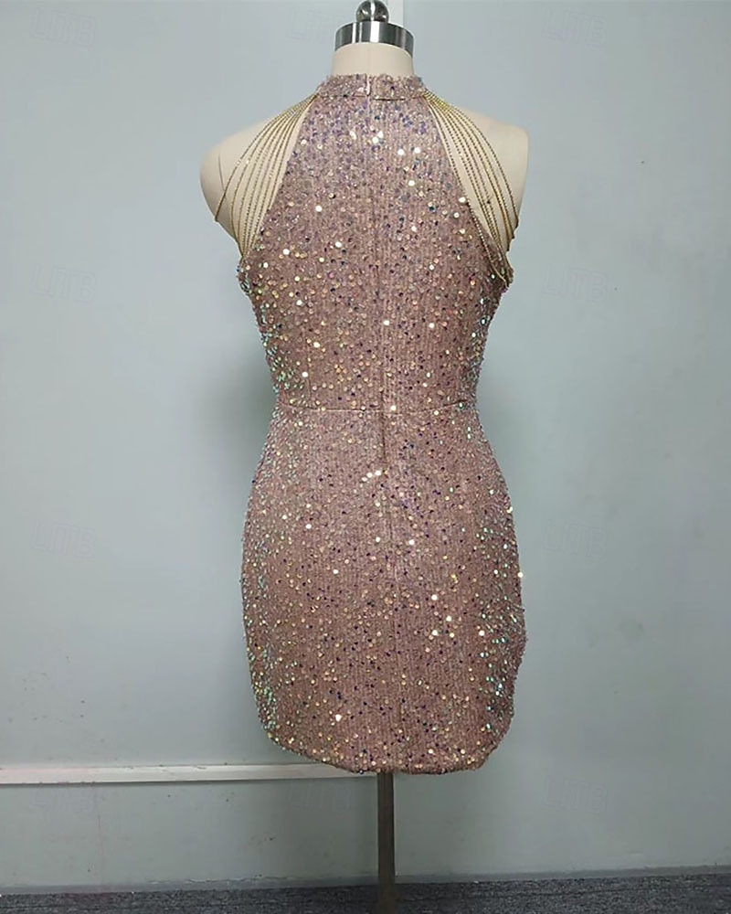 Dam Mini klänning Klänning med paljetter Festklänning Cocktail klänning Sheath Dress Mode Modern Kvällsfest Fest Speciellt Tillfälle Normal Slät Ärmlös Halterneck Svart Vit Rodnande Rosa Vår Höst 2026 - $38.99 –P3