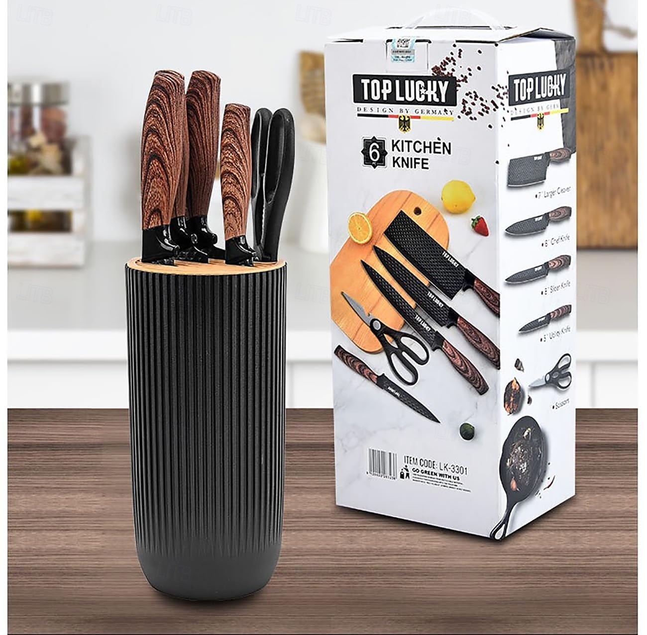 sada kuchyňských nožů, 6dílná luxusní sada nožů s dřevěným potahem, rukojeť s lehkou dřevěnou kresbou, nepřilnavý šéfkuchařský nůž z nerezové oceli s blokem na nože 2026 - $74.99 –P6