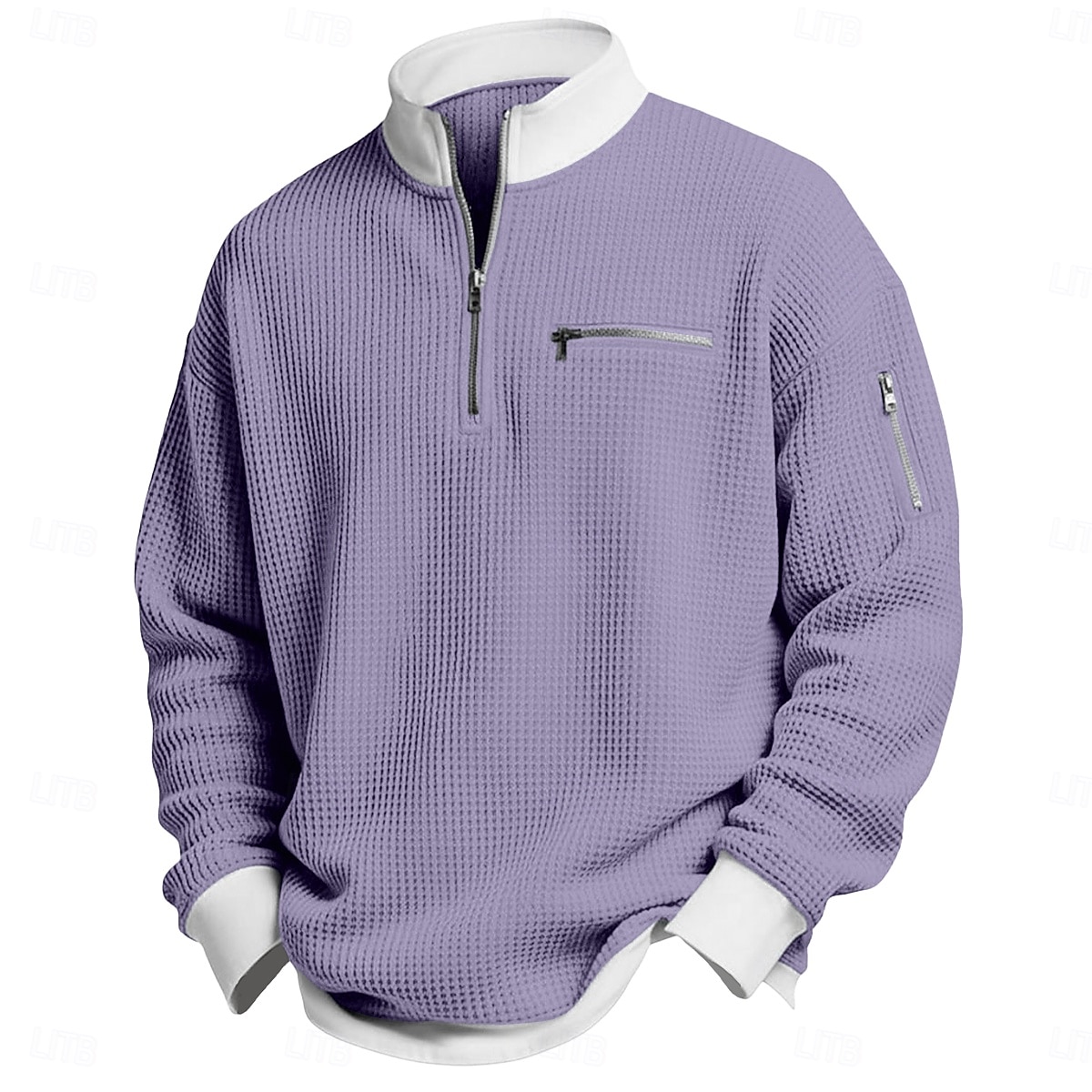 Herre Vaffel T-skjorte T skjorte Langermet Halv glidelås Vår Høst vinter Helfarge Tradisjonell / vintage Fritid Fargeblokk Lomme med glidelås utendørs Hjem Sport & Utendørs Lyseblå Rød Lilla Topp 2026 - $26.99 –P5