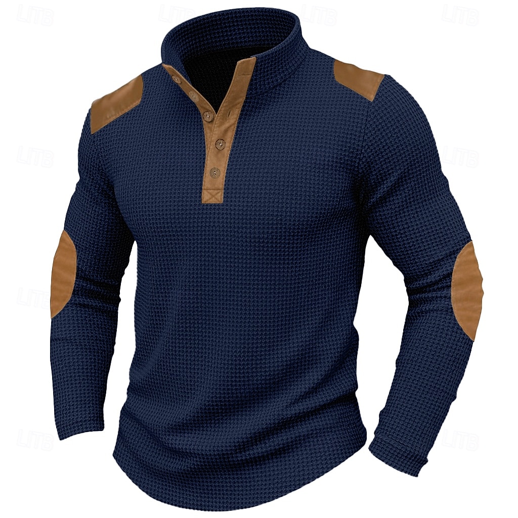 Men's T Shirt Waffle Henley Shirt Tee Top Shirts With Elbow Patches Long Sleeve Color Block Fashion Designer Basic Patchwork Stand Collar Henley Casual Vacation Street Fall Spring & Fall Fall 2026 - $23.99 –P1