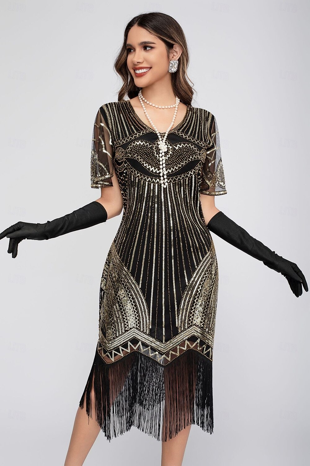 Goldene Zwanziger 1920er Knielang Flapper Kleid Kurze Ärmel Der große Gatsby Pailletten Fransen V Ausschnitt Kostüm Damen Weihnachten Karneval Flüsterkneipe Maskerade Retro-Mottoparty Erwachsene 2026 - $45.99 –P4