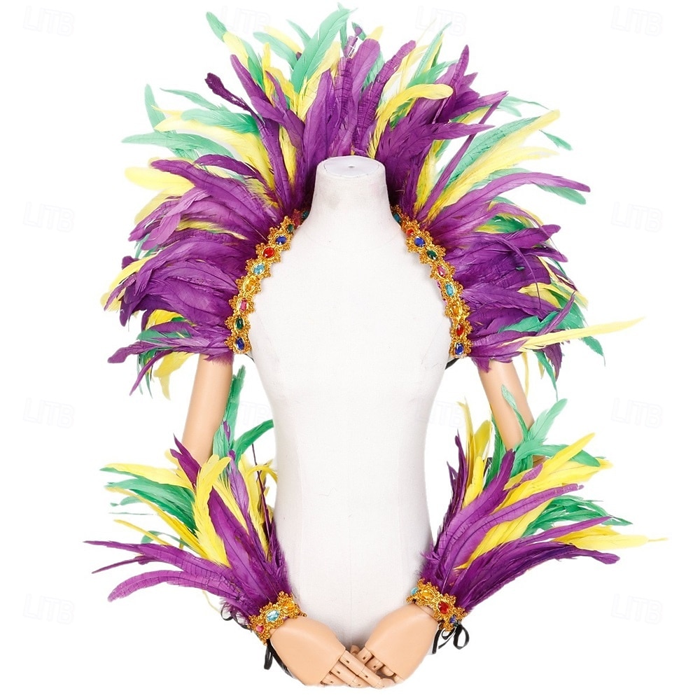 Carnaval 2026 Accesorii Samba Rio Carnaval Set epoleți și manșete cu pene pentru festivalul Mardi Gras - Violet Verde Aur cu cristale Costum de showgirl Carnaval Brazilia 2026 - $51.99 –P1