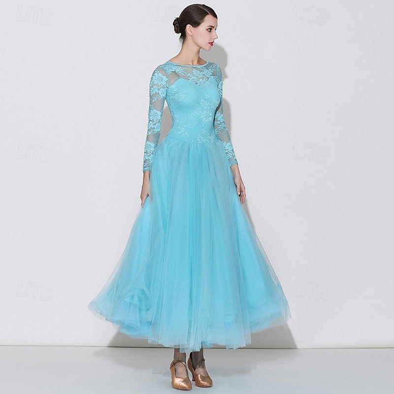Women's Elegant Turquoise Ballroom Dance Dress Lace Long Sleeve Boat Neck Waltz Tango Modern Rumba Practice Performance Gown 2026 - $159.99 –P4