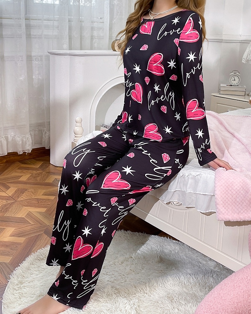 Damen Schlafanzug Freizeitkleidung Schlafanzug Set Lässig Herz Satin-Seidenpyjamas Elastischer Bund Hose Täglich Heim Urlaub Langarm Rundhalsausschnitt Fuchsie Herbst Winter Lässiger Schnitt 2026 - $27.99 –P5