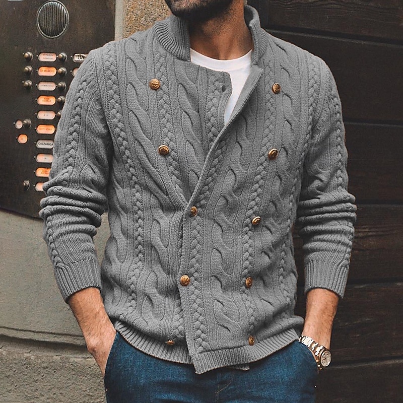 Voor heren Kabelgebreide trui Trui Vest Trui Kabel breien Normale tops Dichtknopen Gebreid Effen Opstaand Vakantie Modieus Casual Alledaagse kleding Kleding Lente & Herfst Herfst winter Zwart Paars M 2026 - $43.99 –P1