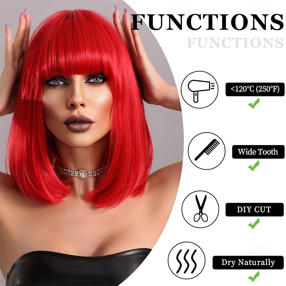 Carnavalpruik 2026 Rood Recht Bob Kort Synthetische festivalpruik Mardi Gras Parade Cosplay Kostuum Haar voor Dames 2026 - $21.99 –P2