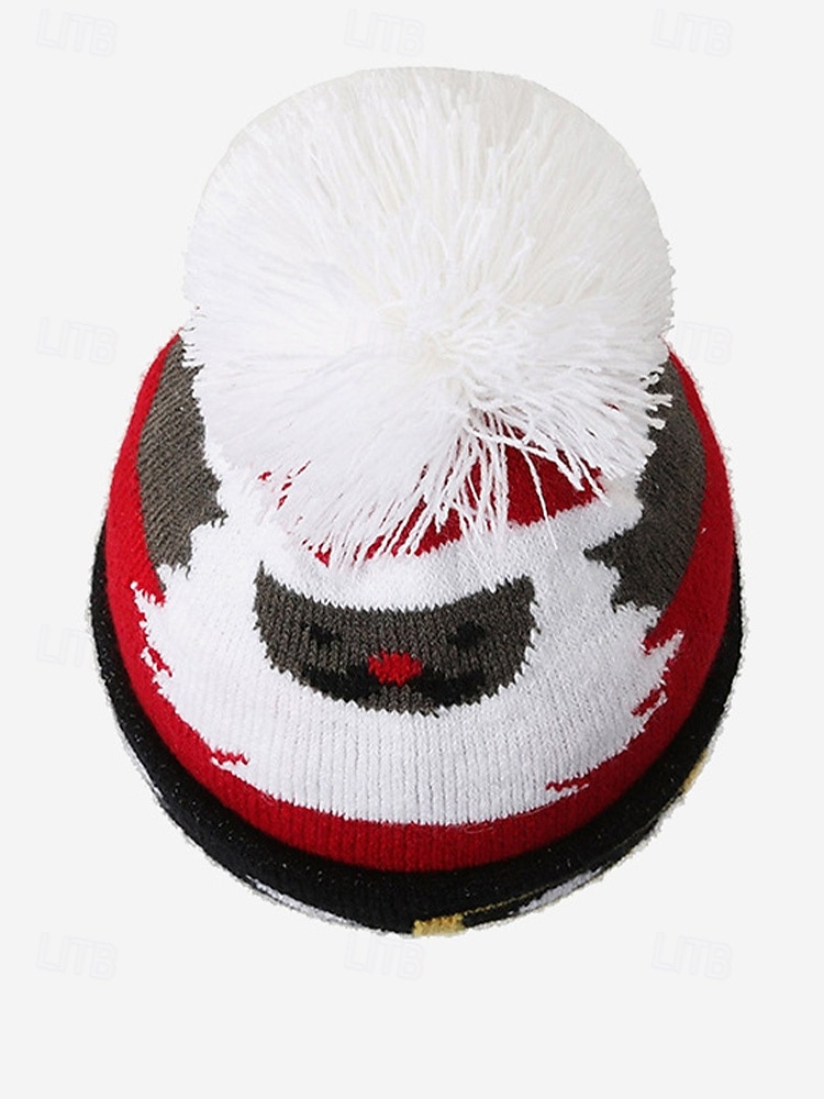 Stickad julmössa för kvinnor – röd med renmönster och pom-pom, polyestermaterial, perfekt för högtider och vinterkläder 2026 - $11.99 –P7