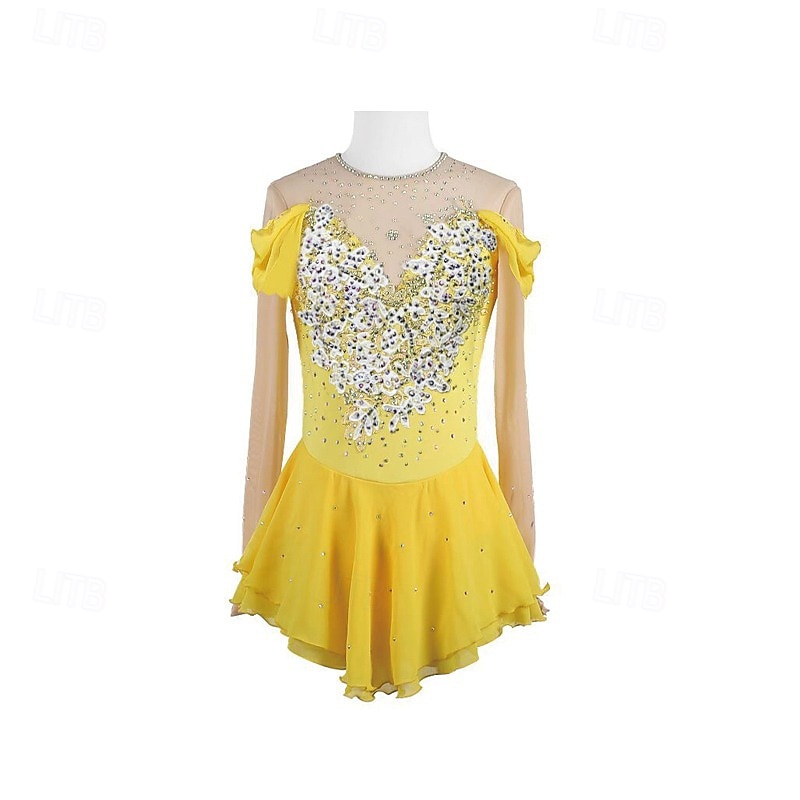 שמלה להחלקה אמנותית בגדי ריקוד נשים בנות החלקה על הקרח שמלות צהוב טלאים חור לאגודל רשת ספנדקס סטרצ'י (נמתח) הדרכה אימון מקצועי ביגוד להחלקה על הקרח שמור על חום הגוף קריסטלים / אבנים נוצצות שרוול ארוך 2026 - $224.29 –P1