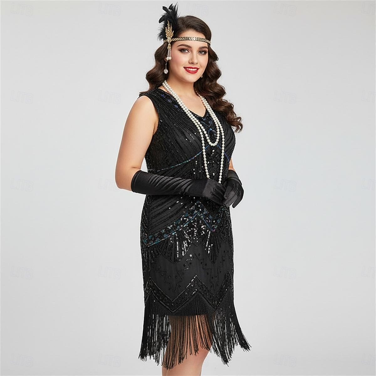 Set Anni Ruggenti Anni 1920 Lunghezza al ginocchio Abito Flapper Abito da cocktail Set di accessori con accessori Taglie Forti Normale Senza maniche Il grande Gatsby Invitato al matrimonio Paillettes del 2026 a $63.99 –P1