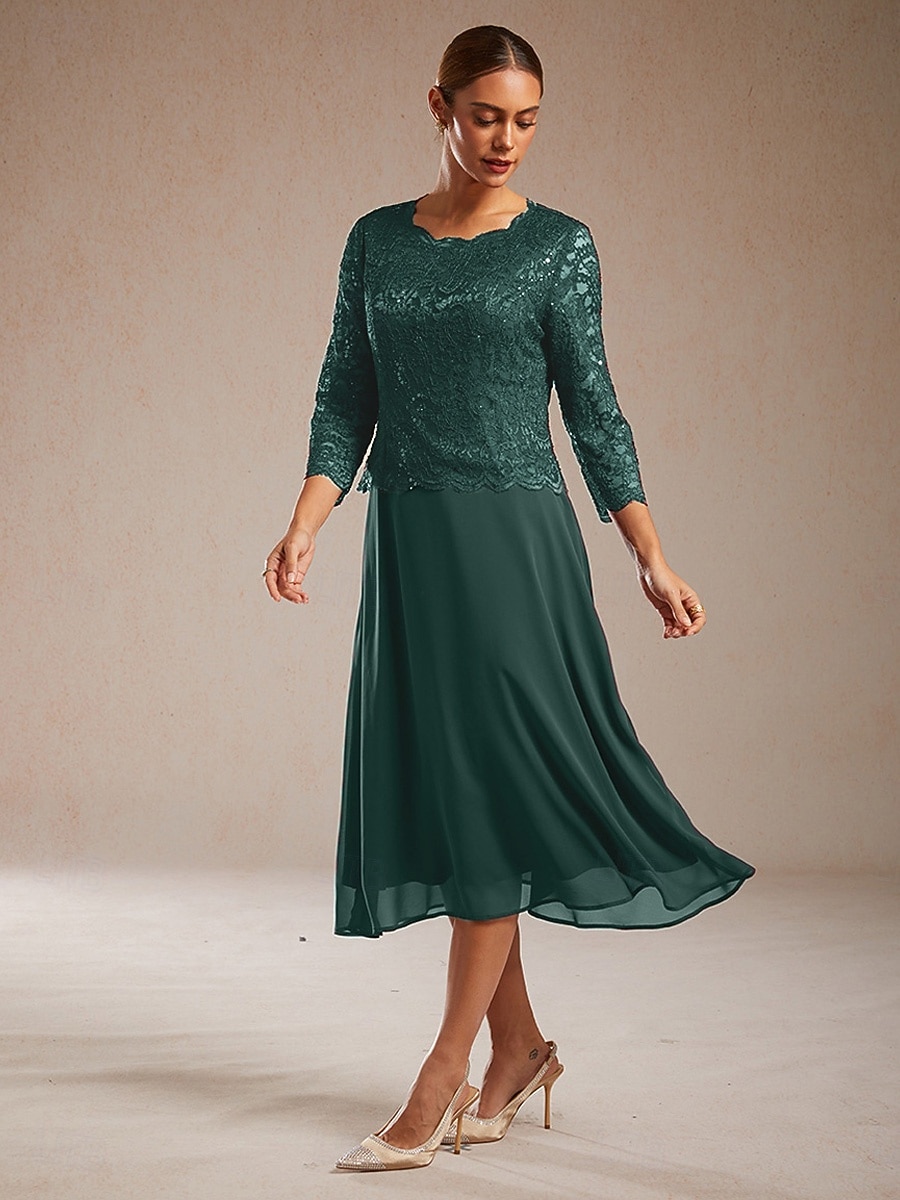 Mulheres Vestido midi Vestido de chiffon Elegante Convidado do casamento Coquetel Festa de Chá Paetês Renda Côr Sólida Manga 3/4 Gola Redonda Verde Esmeralda de 2026 por $103.99 –P5