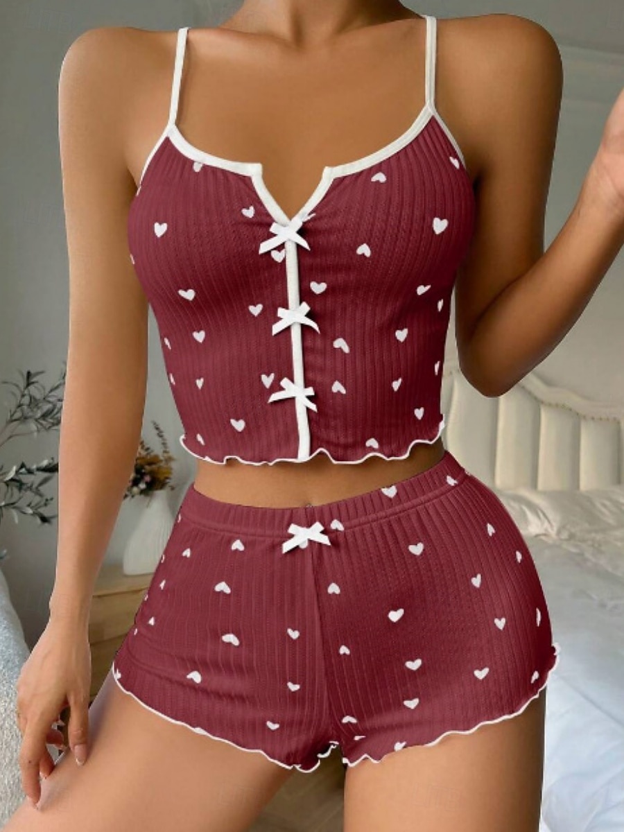 Dames Pyjamaset Casual Comfortabel Hart Elastische taille Strap Top Korte broek Huis Dagelijks Mouwloos V-hals Zwart Wit Blozend Roze Wijn Rood Zomer Lente Herfst Strak 2026 - $14.99 –P2