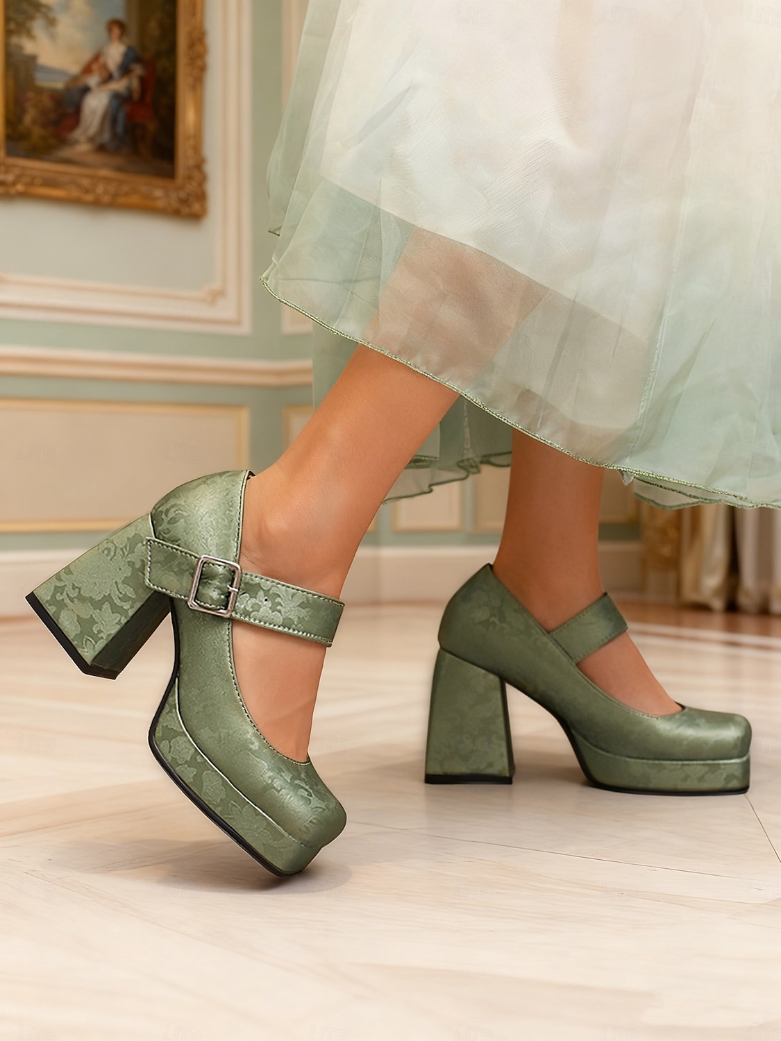 Gröna blommiga platåskor i konstläder med Mary Jane-spänne för kvinnor - vintageklackar från 1950-talet för formella tillfällen, fester och bröllop 2026 - $59.99 –P4