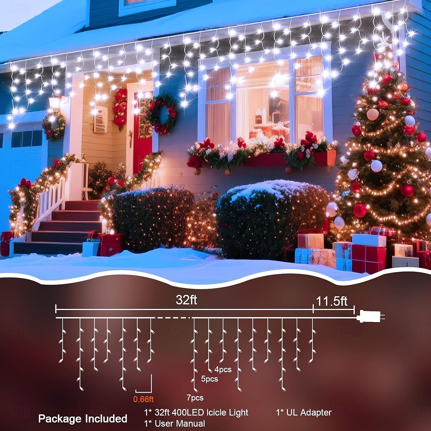 Рождественская сосулька, 33 фута, 400 светодиодов, 48 капель, 8 функций, таймер, дистанционное управление, прозрачный провод, подключаемые гирлянды, праздничные, свадебные, вечерние, декоративные огни, низкое напряжение, безопасная розетка 2025 - $31.99 –P1