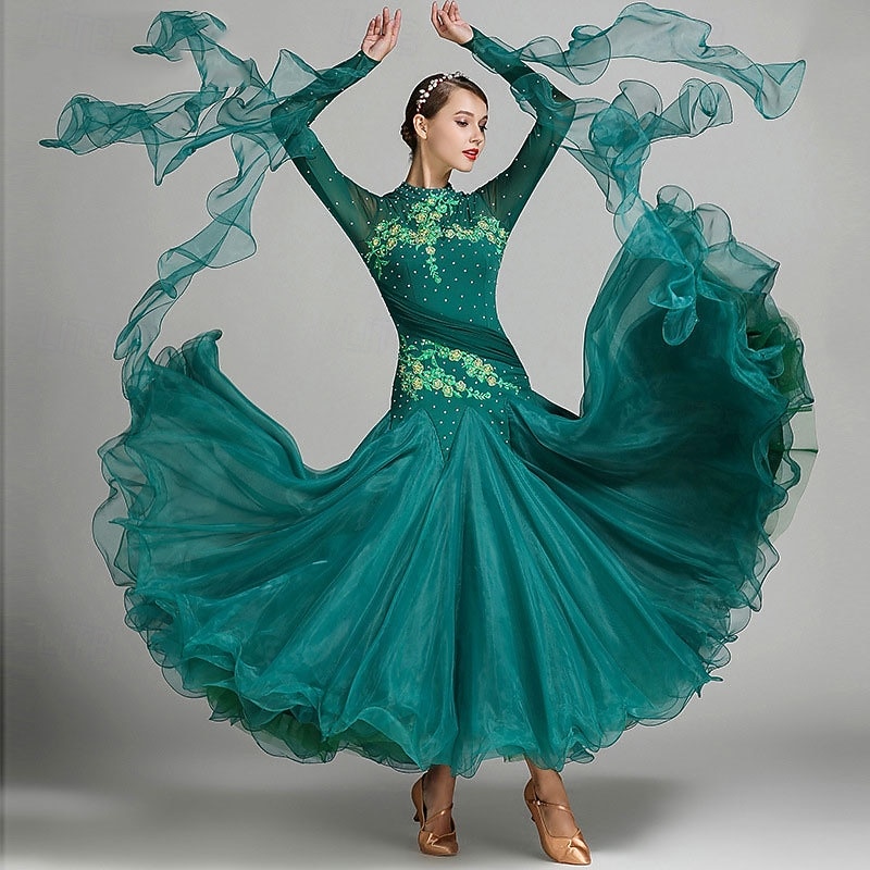 Женское элегантное платье для бальных танцев бирюзового цвета, украшенное стразами, с высоким воротником, для вальса, танго, румбы, современного танца, для выступлений на соревнованиях 2026 - $190.99 –P5