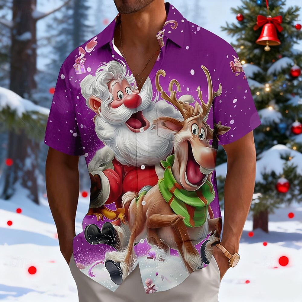 2026年 クリスマス 男性用 サンタクロース トナカイ 面白いクリスマス シャツ ボタンアップシャツ 半袖 おかしい 祝日 夏 春 折襟 3Dプリント 襟付きシャツ フロントポケット1つ ブルー ホワイト ルビーレッド パープル  コレクション – $26.99 –P3