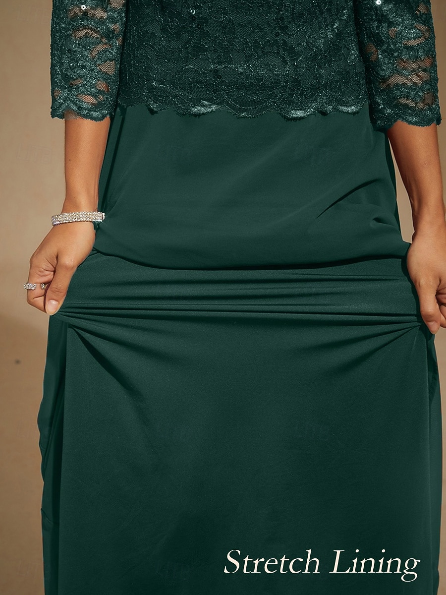 Women's Maxi Dress Chiffon Dress Elegant Evening Party Wedding Guest Sequins Lace Regular Fit Solid Color 3/4 Length Sleeve Crew Neck Emerald Green 2026 - $91.99 –P4
