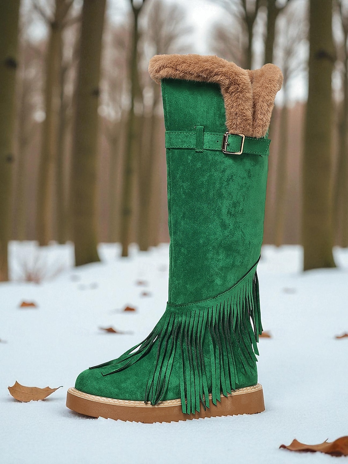 Women's Green Fringe Faux Suede Snow Boots with Fur Lining – Stylish Knee-High Winter Boots Footwear for Cold Weather, Snow and Outdoor Adventures 2026 - $69.99 –P1