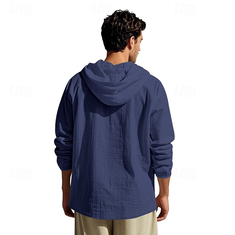 Men's Shirt Popover Shirt Summer Shirt Casual Shirt Beach Shirt Black White Yellow Navy Blue khaki Long Sleeve Solid Color Hooded Vacation Casual Drawstring Clothing Apparel Fashion Casual Comfortable 2026 - $28.99 –P6