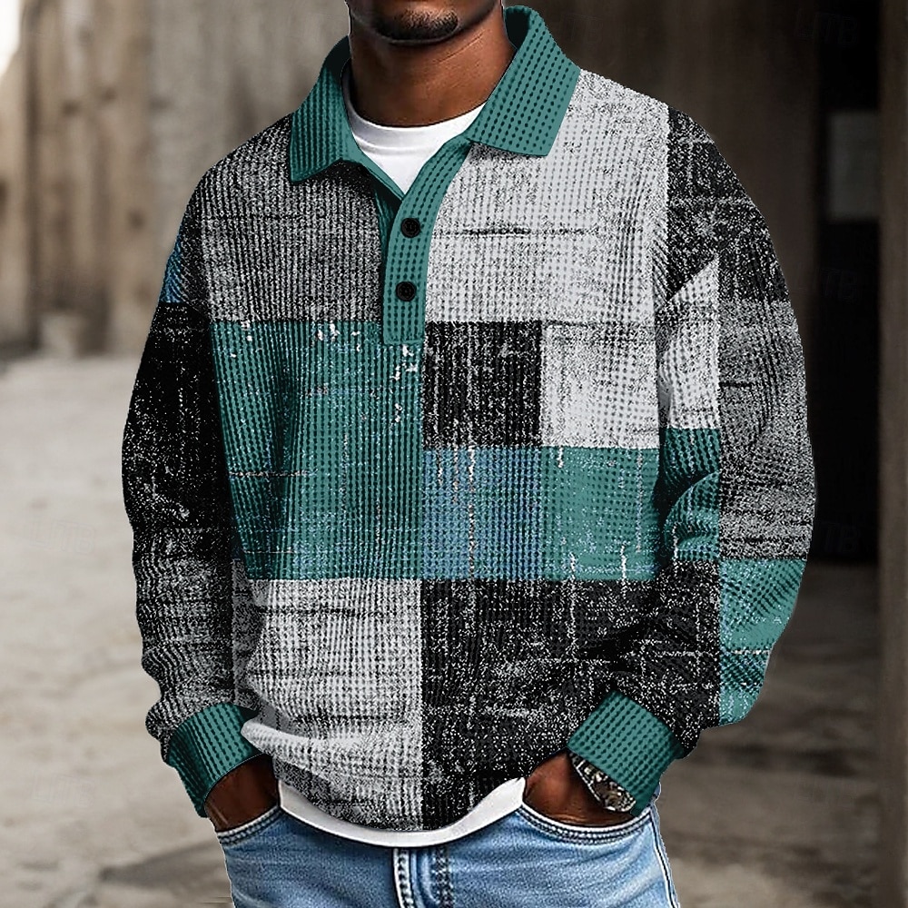 2026年 男性用 パッチワーク ポロ テクスチャード加工 長袖 ポロシャツ ラペル カジュアル 学校 アスレイジャー デイリーウェア 3Dプリント 春 秋 冬 ルビーレッド パープル グリーン  コレクション – $28.99 –P3