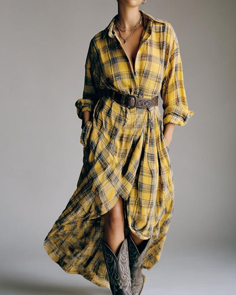 Mujer vestido largo vestido largo Vestido de cuadros Vestido de Camisa Vintage Moderno Exterior Vacaciones Noche Holgado Plaid Manga Larga Cuello Camisero Amarillo Rojo Primavera Otoño 2026 - $38.99 –P1
