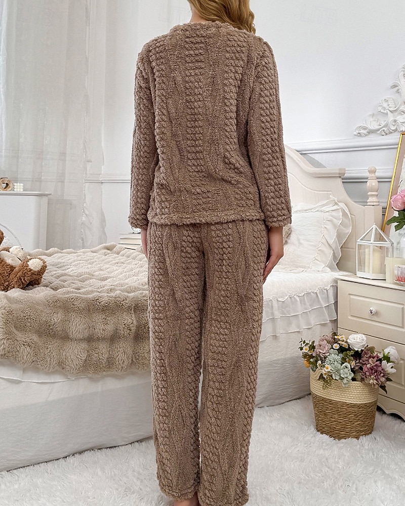 Női Pizsamák Lounge-ruházat Flanel Meleg Divat Tiszta szín Zsinór Rugalmas derék Nadrág Vakáció Otthon Napi Hosszú ujj Terített nyak Barna Szürke Ősz Tél Laza öltözet 2025 - $32.99 –P5