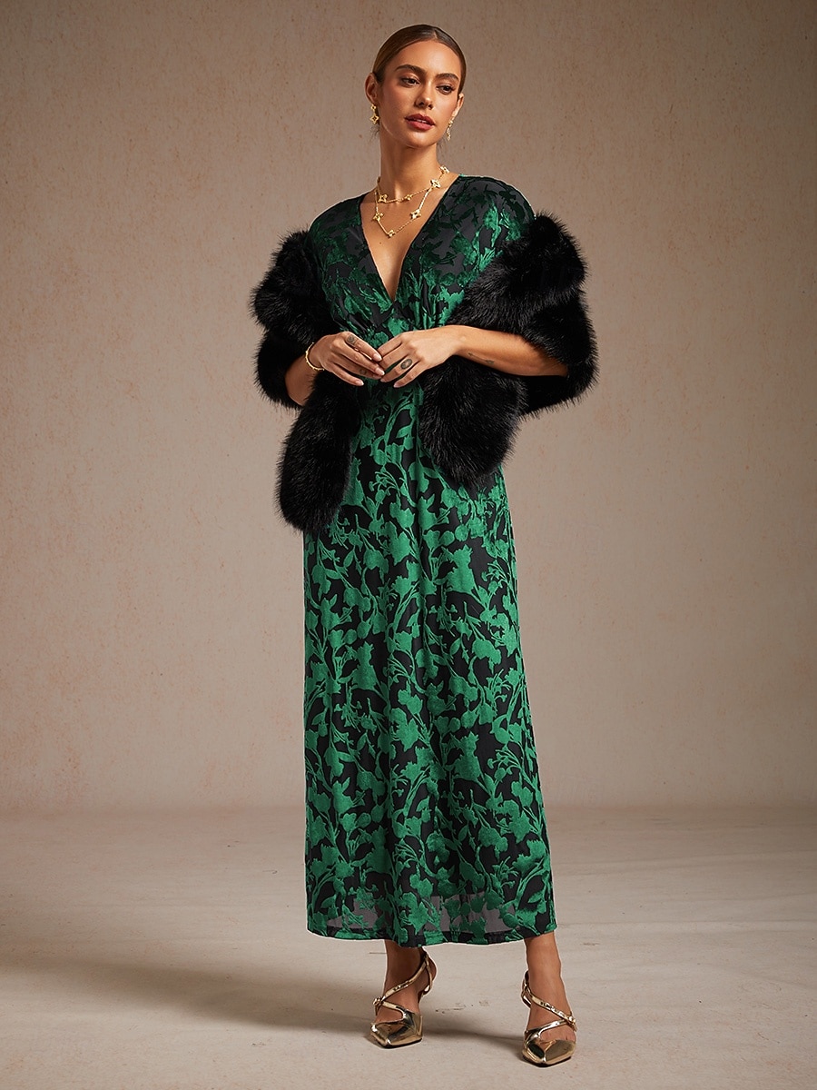 Women's Maxi Dress A Line Dress Velvet Elegant Party Wedding Guest Floral Leaf Half Sleeve V Neck Emerald Green Spring Fall Winter