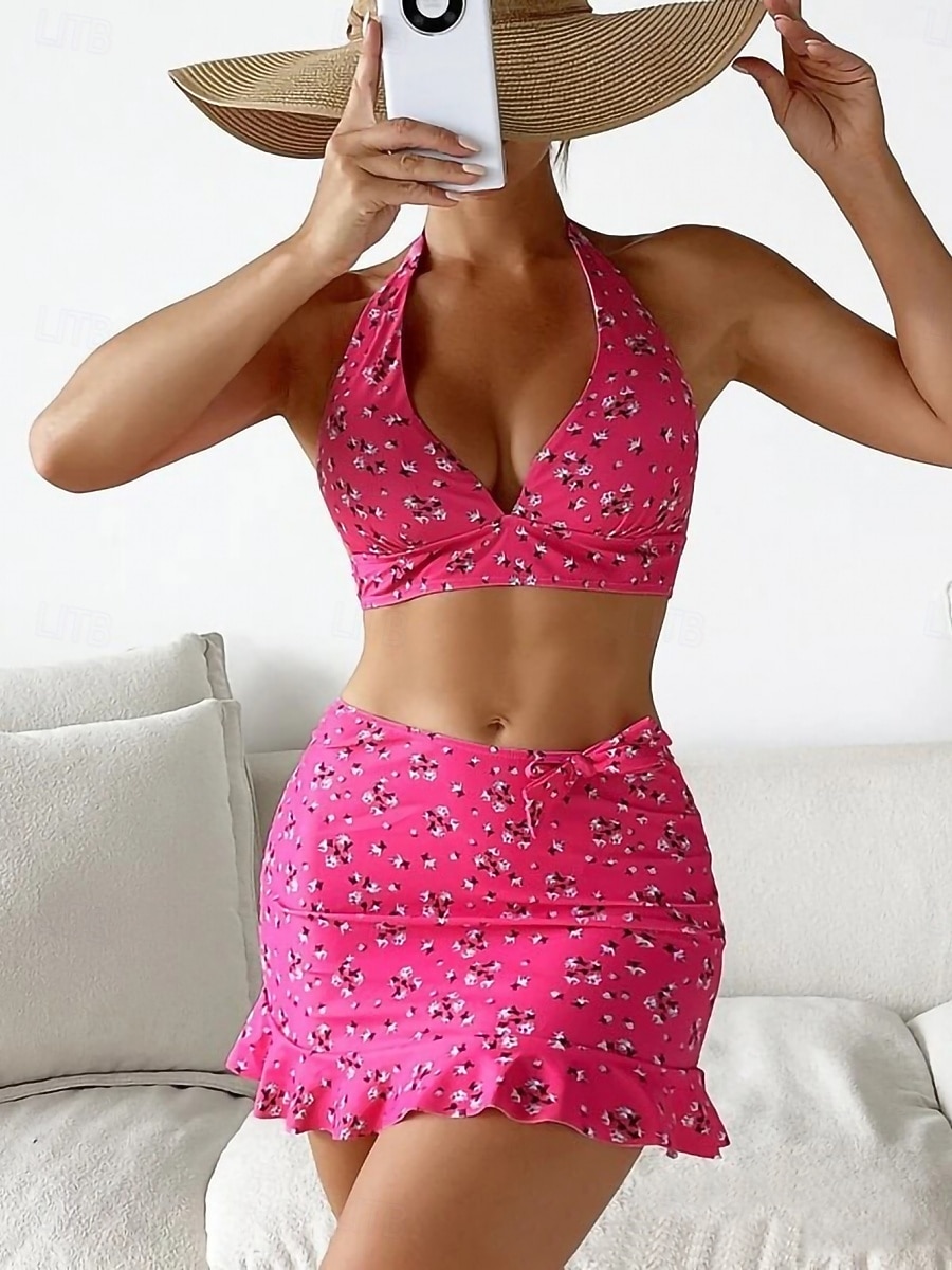 Strój Kąpielowy Damski Bikini 3 Częściowy Z Spódnicą Smukły Bez Pleców Letni Strój Plażowy Kwiatowy Sznurek Bez Rękawów 2026 - $26.99 –P13