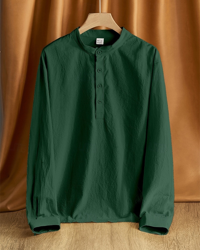 Per uomo Camicia Camicia di lino Camicia popover Camicia casual Camicia di cotone Semplice Vacanza Camicia hawaiana Nero Bianco Cachi Verde militare Manica Lunga Colletto alla coreana Primavera del 2025 a $24.99 –P10