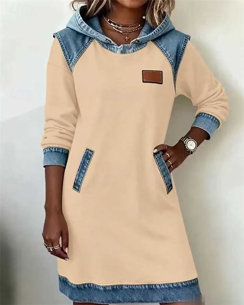 2026年 女性用 ミニドレス パーカードレス カジュアルドレス ファッション 近代の 日常 アウトドア バケーション レギュラー 平織り 長袖 フード付き ブラック ホワイト イエロー グリーン 秋 冬  コレクション – $44.99 –P4