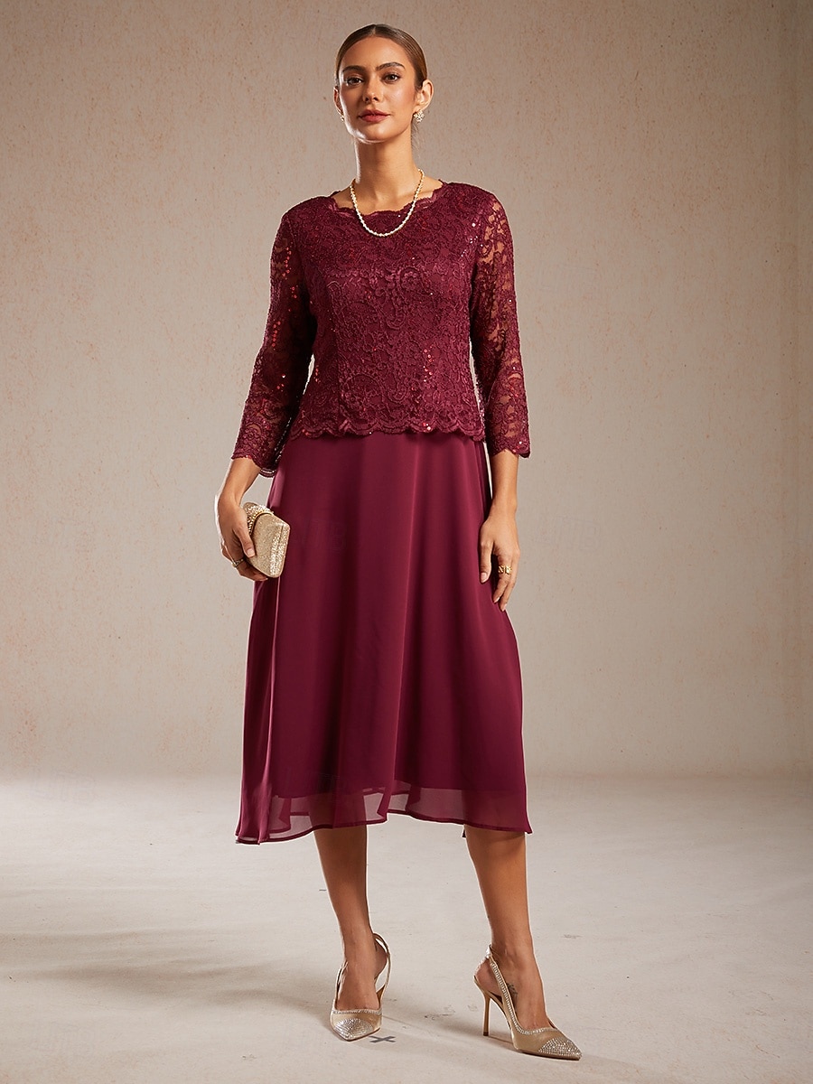 Dame Midikjole Kjole med A-linje Elegant Aftenselskap Bryllupsgjest Blonde Normal Helfarge 3/4 ermer Crew-hals Vin 2026 - $20.49 –P1