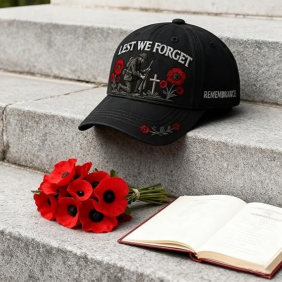 Cappello commemorativo "Lest We forget", berretto ricamato con fiori di papavero per veterani, tributo militare ed eroi caduti. del 2026 a $21.99 –P7
