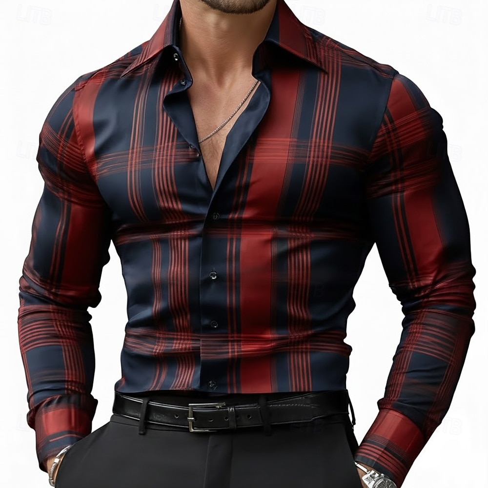 Herre Geometrisk Gitter / Teppe Skjorte Sateng skjorte Dresskjorter Langermet Business Casual Feriereise Hverdag Sommer Vår Høst Aftæpning 3D-utskrift Skjorter med knapper Svart Militærgrønn 2026 - $29.99 –P1